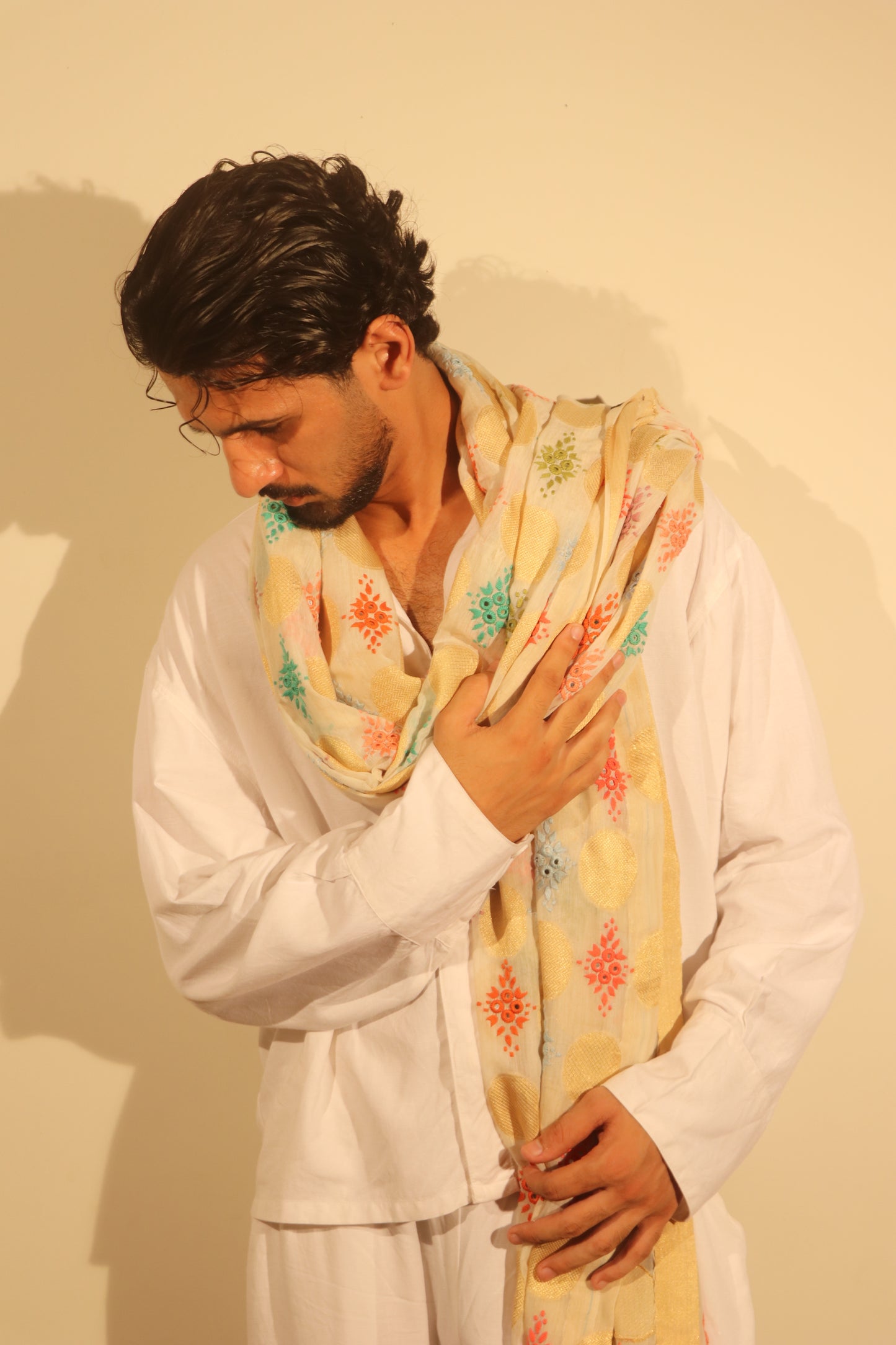 Ivory & Gold Multi-Color Geometric Embroidered Stole